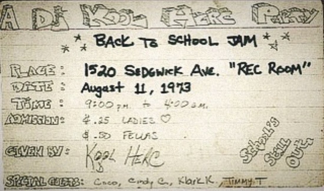 Handmade flyer for the back-to-school jam at 1520 Sedgwick Avenue, 11 August 1973